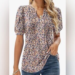 MICSON women’s 2XL Floral V-Neck short sleeve stylish top with cute detail back